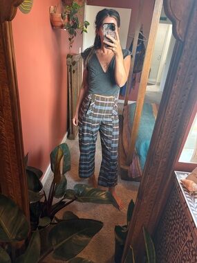 Free People Black Plaid Wide-Leg Pants with Blue and Lavender Stripes
